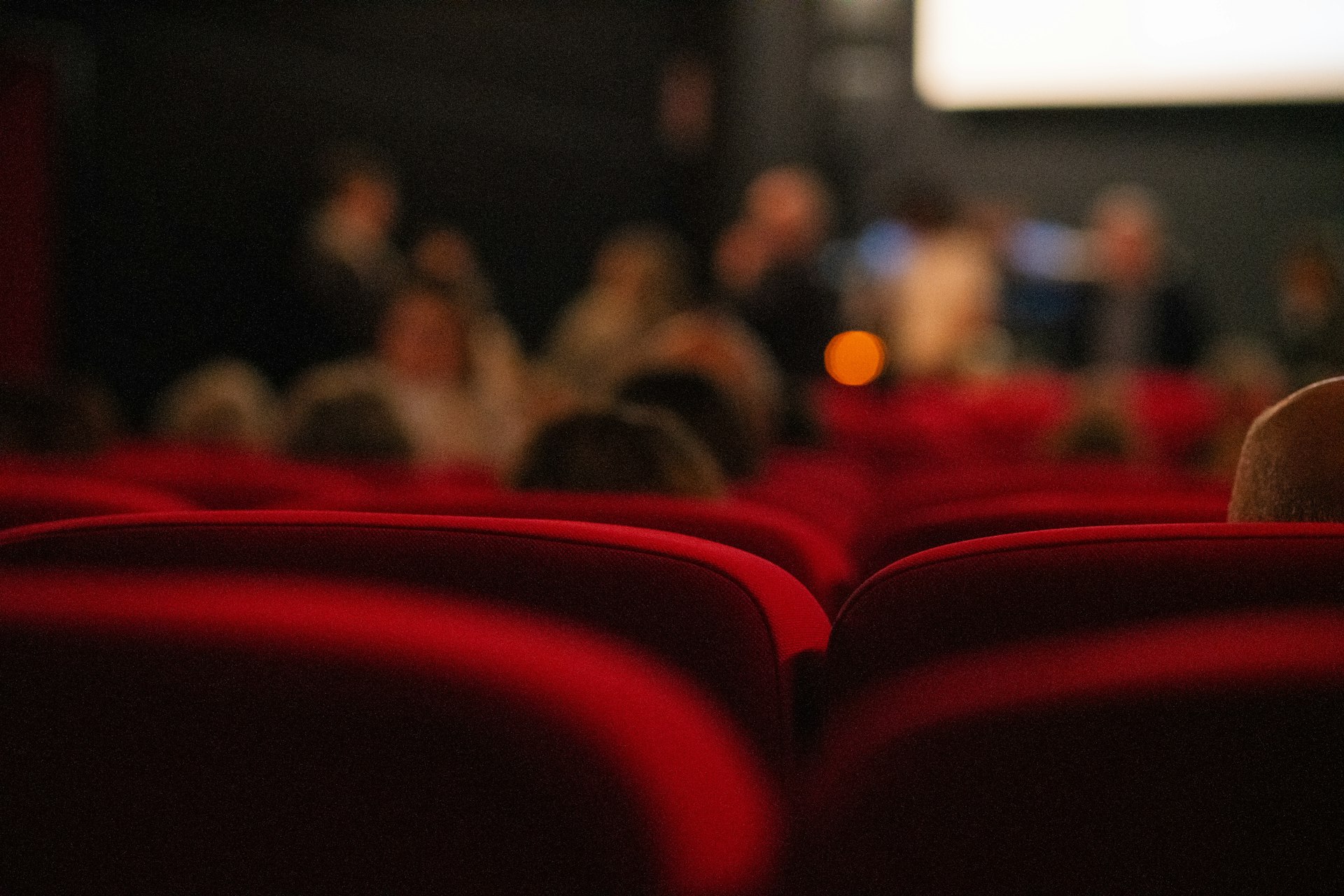 A blurry photo of people in a movie theater